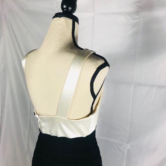Ivory Satin and Black Pleated Halter Formal Dress - Picture 5 of 7